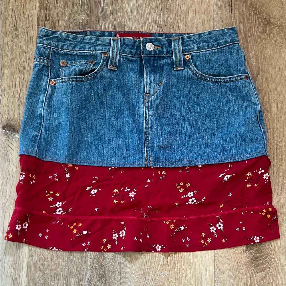 Denim and Red Floral Skirt Levi’s approximately size 8-10
